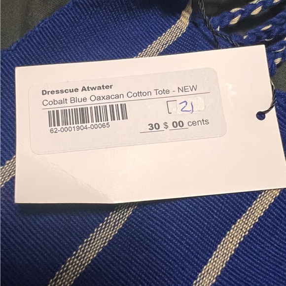 Cobalt Blue Oaxacan Woven Cotton Tote Blue Tan Stripes Hand Made New With Tags - Picture 7 of 8